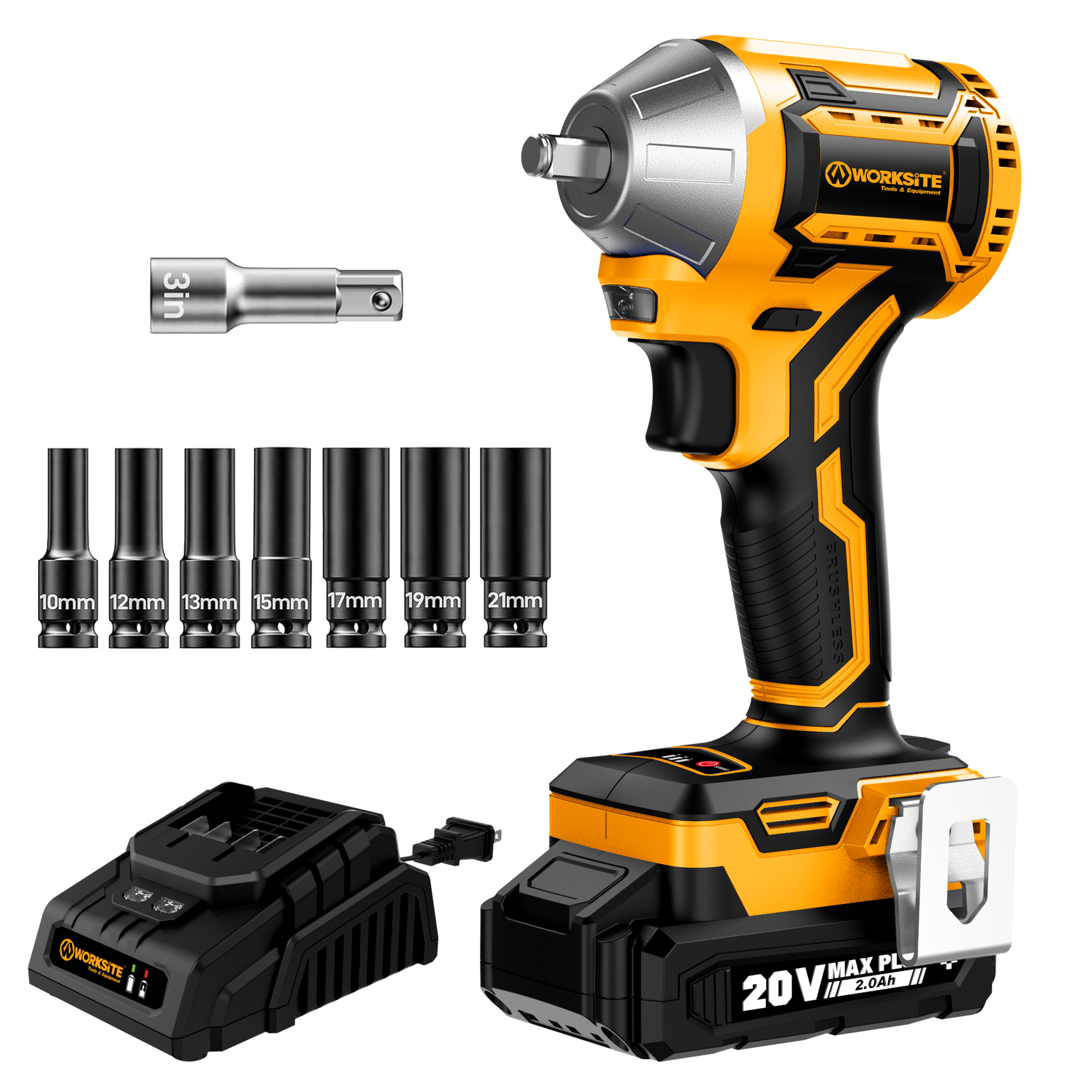 WORKSITE Brushless Impact Wrench 3/8 inch (10mm) 20V Battery Power 250Nm Variable Speed 3250 RPM Electric Wrenches