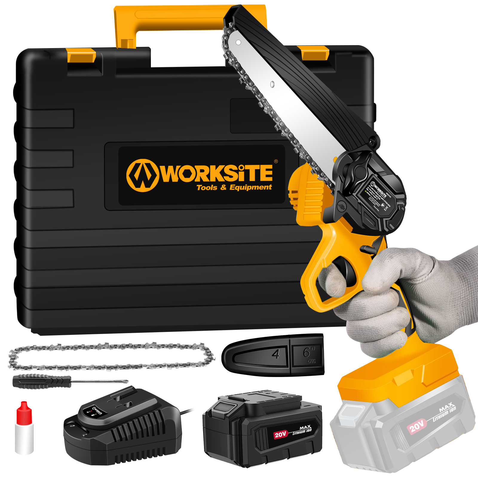 WORKSITE Brushless Mini Chainsaw Cordless 6-inch,Handheld Small Electric Power with 3.0AH Battery and Fast Charger