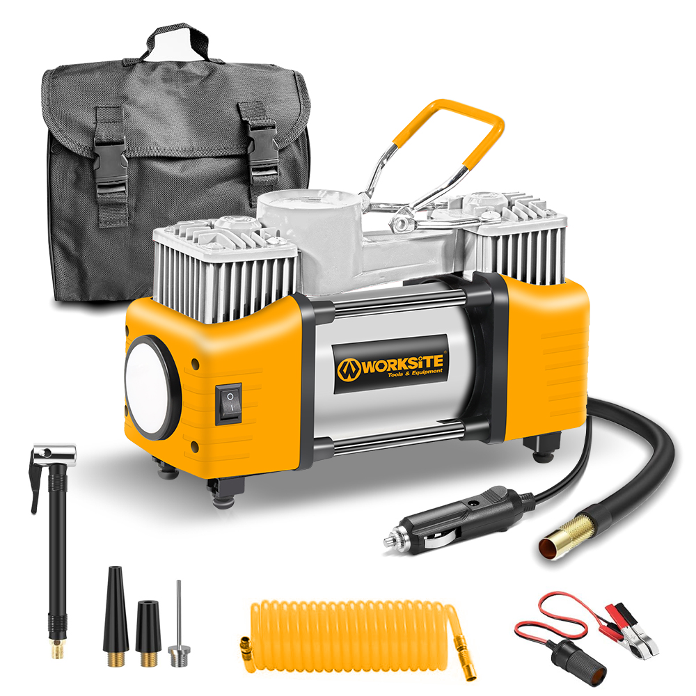 WORKSITE Dual Cylinder Tire Inflator Portable Air Compressor Heavy Duty 12V DC 120PSI Fast Inflation 45L/Min Auto Pump