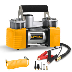 WORKSITE Portable Tire Inflator Air Compressor 12V DC Heavy Duty Dual Cylinder 150PSI with Pressure Gauge